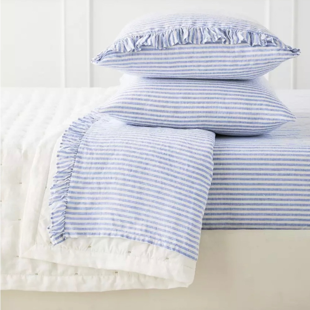 NWT Serena And Lily Nantucket Stripe Linen Sheet Set Queen Coastal Blue